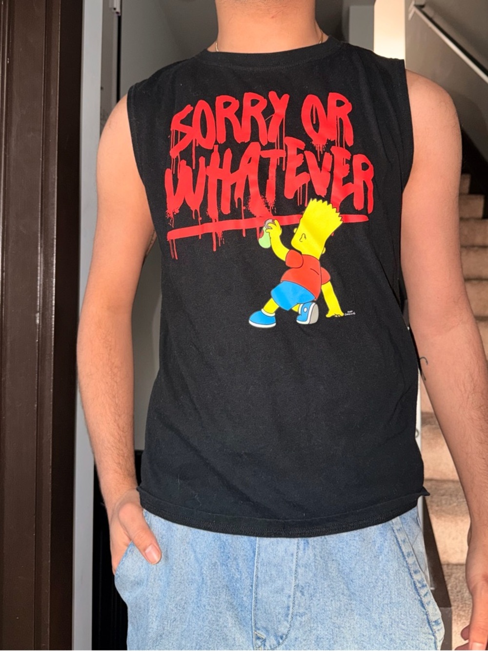 Men's Black Graphic Tank Top with Red 'Sorry Or Whatever' Print